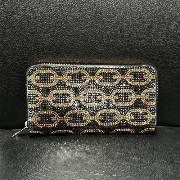 Handbags - 995. Chain Pattern Black and Gold Crystal Women's Wallet